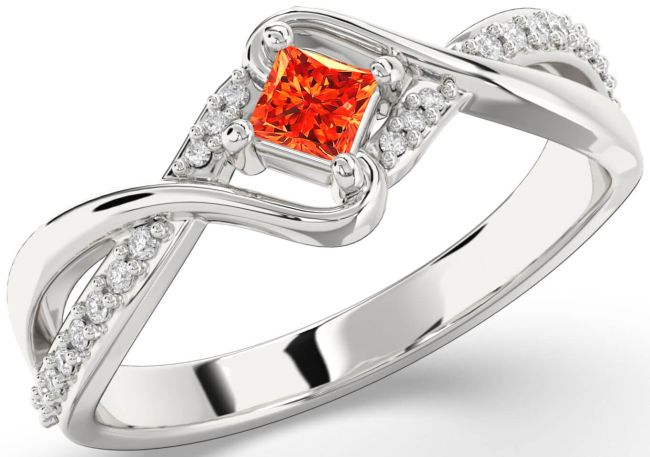 Diamond Fire Opal Silver Princess Promise Ring