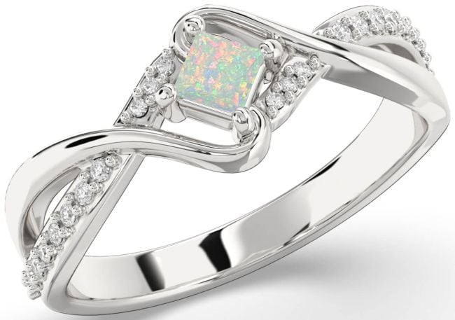 Diamond Opal Silver Princess Promise Ring