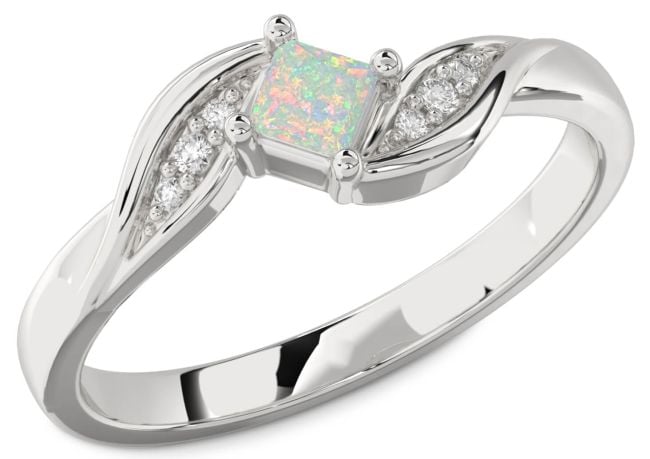 Diamond Opal Silver Princess Promise Ring
