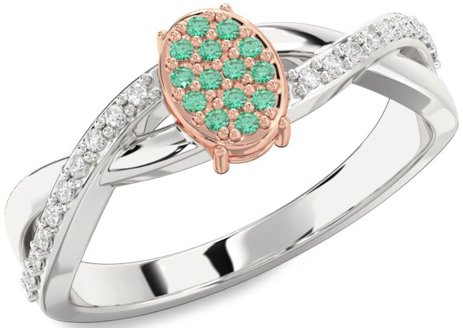 Diamond Emerald Silver & 10K Rose Gold Knot Round Promise Ring