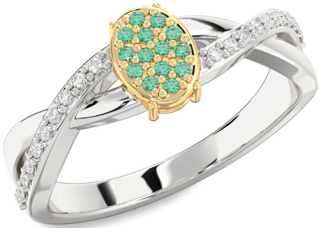 Diamond Emerald Platinum & Yellow Gold Knot Round Promise Ring