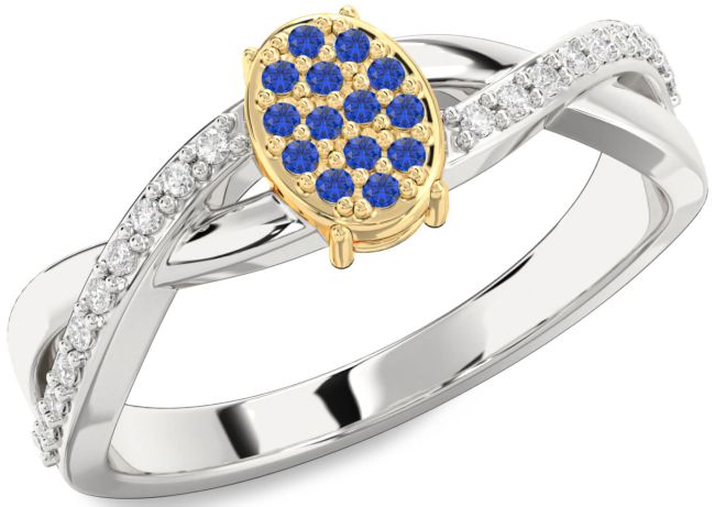 Diamond Blue Sapphire White Yellow Gold Knot Round Promise Ring