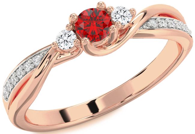 Diamond Ruby Rose Gold Round Three Stone Engagement Ring