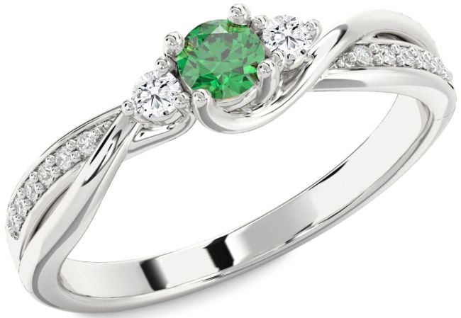 Diamond Emerald Silver Round Three Stone Engagement Ring