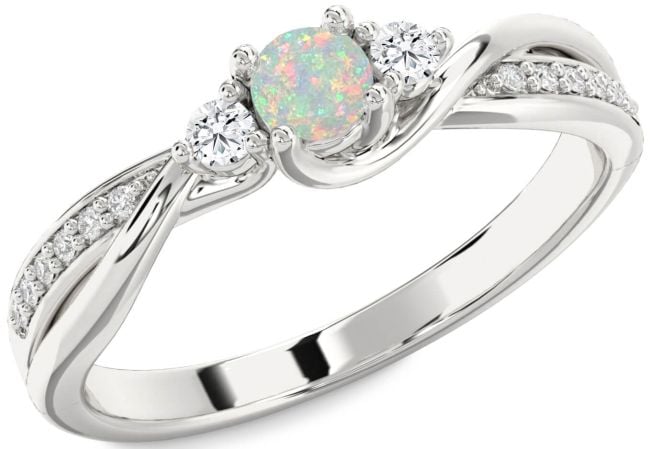 Diamond Opal Silver Round Three Stone Engagement Ring