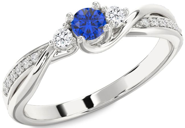 Diamond Blue Sapphire Platinum Round Three Stone Engagement Ring