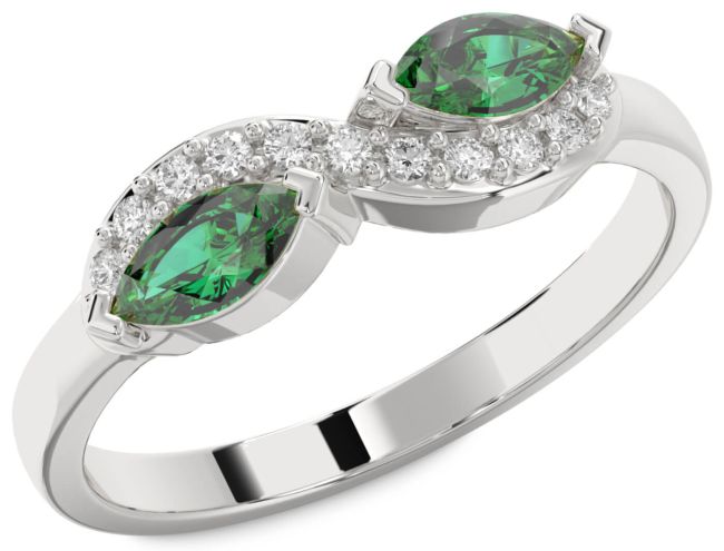 Diamond Emerald Silver Infinity Marquise Two Stone Birthstone Ring