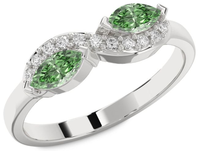 Green Diamond Silver Infinity Marquise Two Stone Ring