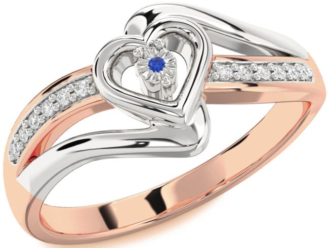 Diamond Blue Sapphire Rose Gold Silver Heart Promise Ring