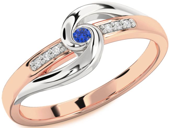 Diamond Blue Sapphire Rose Gold Silver Knot Round Promise Ring