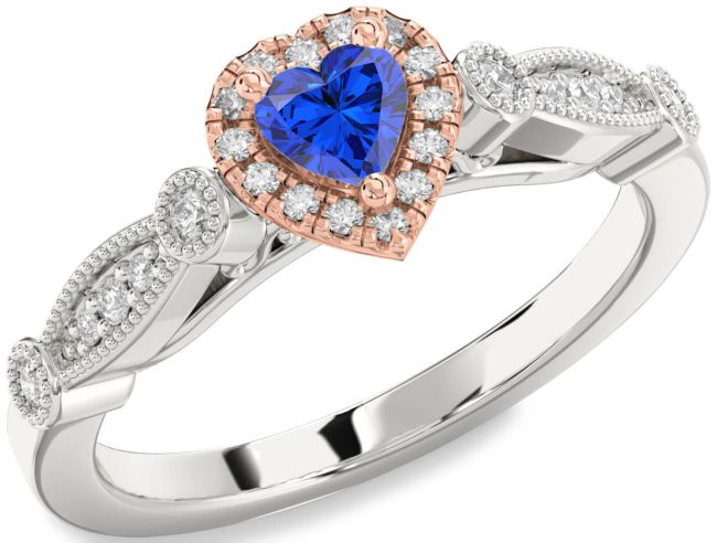 Diamond Blue Sapphire Platinum & Rose Gold Heart Promise Ring