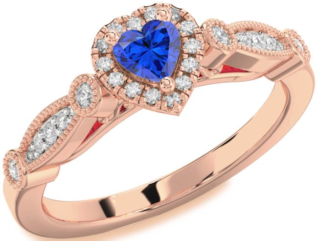 Diamond Blue Sapphire Rose Gold Heart Promise Ring