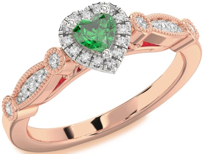 Diamond Emerald Platinum & Rose Gold Heart Promise Ring