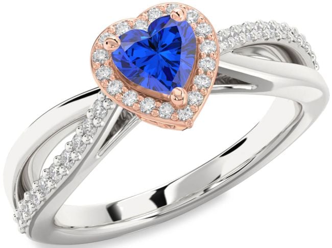 Diamond Blue Sapphire Platinum & Rose Gold Heart Halo Engagement Ring