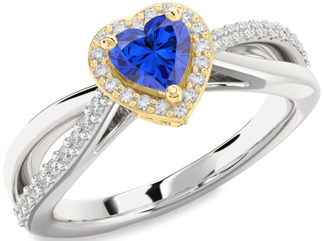 Diamond Blue Sapphire White Yellow Gold Heart Halo Engagement Ring