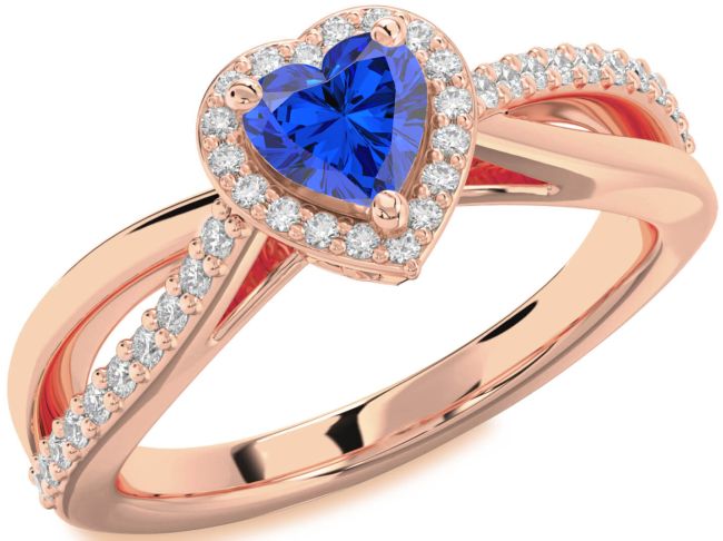 Diamond Blue Sapphire Rose Gold Silver Heart Halo Engagement Ring