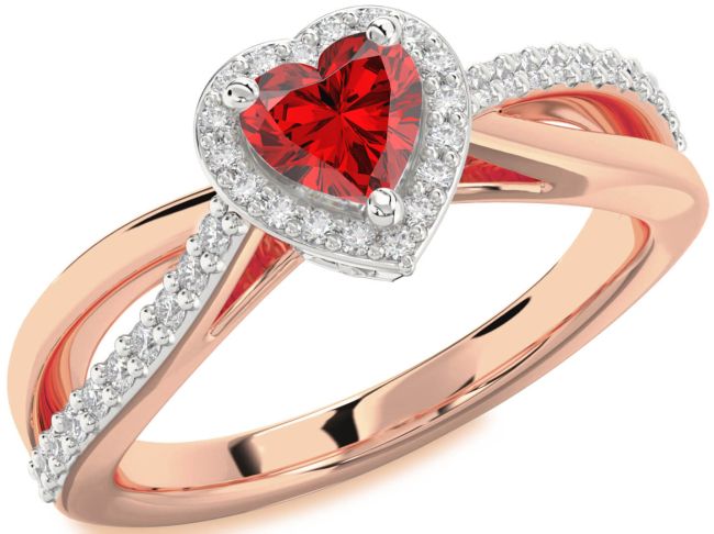 Diamond Ruby Rose Gold Silver Heart Halo Engagement Ring