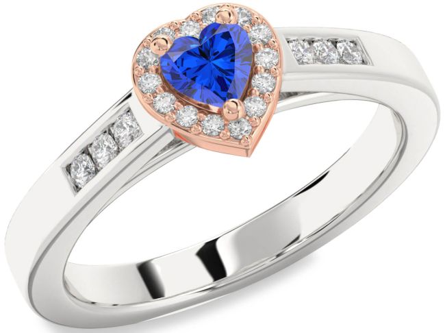 Diamond Blue Sapphire Platinum & Rose Gold Heart Promise Ring
