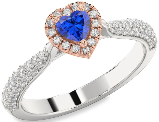 Diamond Blue Sapphire Platinum & Rose Gold Heart Pave Promise Ring