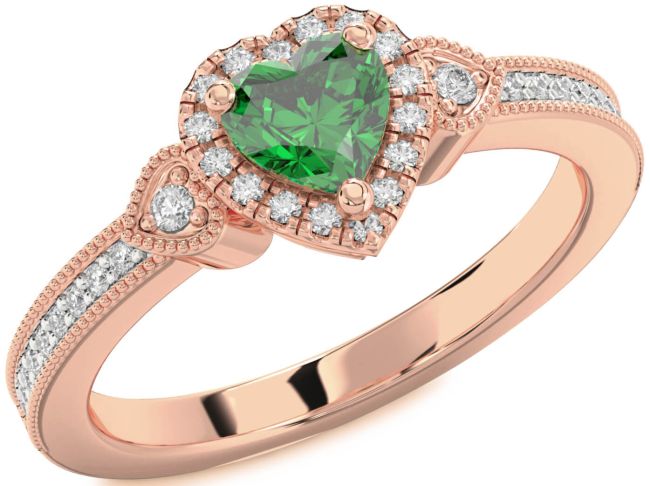 Diamond Emerald Rose Gold Silver Heart Halo Engagement Ring