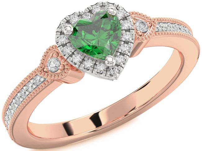 Diamond Emerald Rose Gold Silver Heart Halo Engagement Ring
