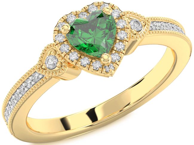 Diamond Emerald Gold Heart Halo Engagement Ring