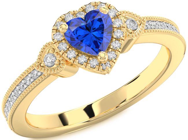 Diamond Blue Sapphire Gold Heart Halo Engagement Ring