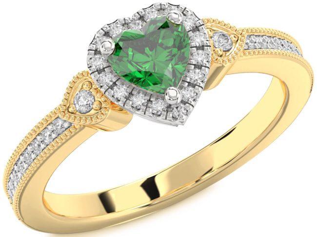 Diamond Emerald Platinum & Yellow Gold Heart Halo Engagement Ring