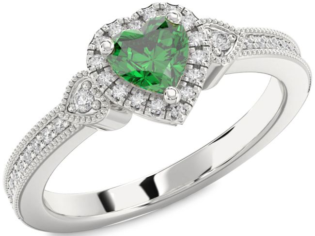 Diamond Emerald Platinum Heart Halo Engagement Ring
