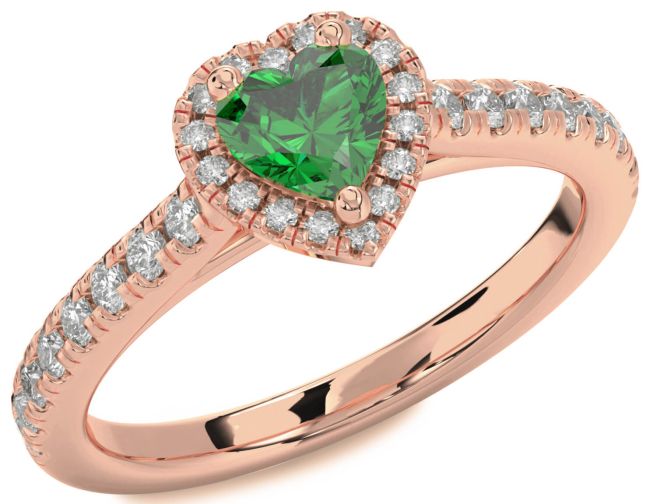 Diamond Emerald Rose Gold Heart Halo Pave Engagement Ring