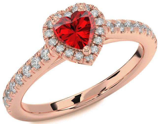Diamond Ruby Rose Gold Silver Heart Halo Pave Engagement Ring