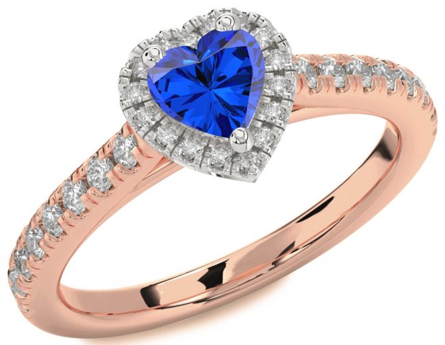 Diamond Blue Sapphire Rose Gold Silver Heart Halo Pave Engagement Ring