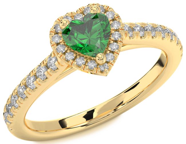 Diamond Emerald Gold Heart Halo Pave Engagement Ring