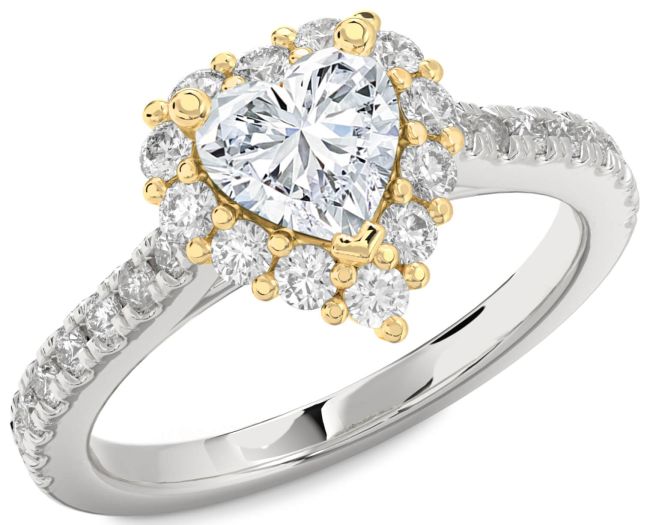 Diamond Gold Silver Heart Halo Pave Engagement Ring