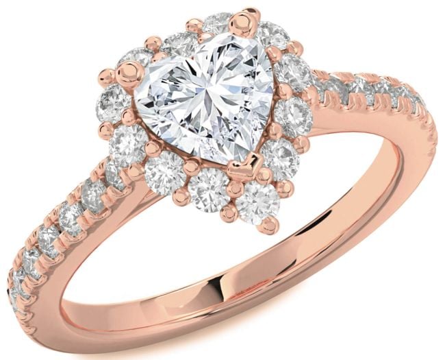 Diamond Rose Gold Silver Heart Halo Pave Engagement Ring