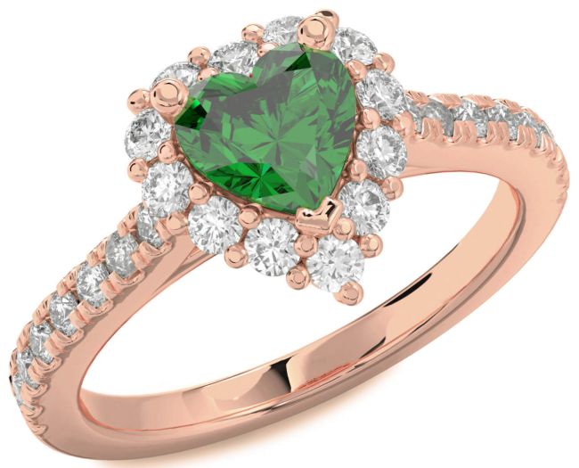 Diamond Emerald Rose Gold Heart Halo Pave Engagement Ring