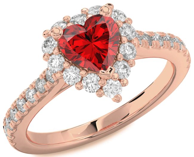 Diamond Ruby Rose Gold Silver Heart Halo Pave Engagement Ring