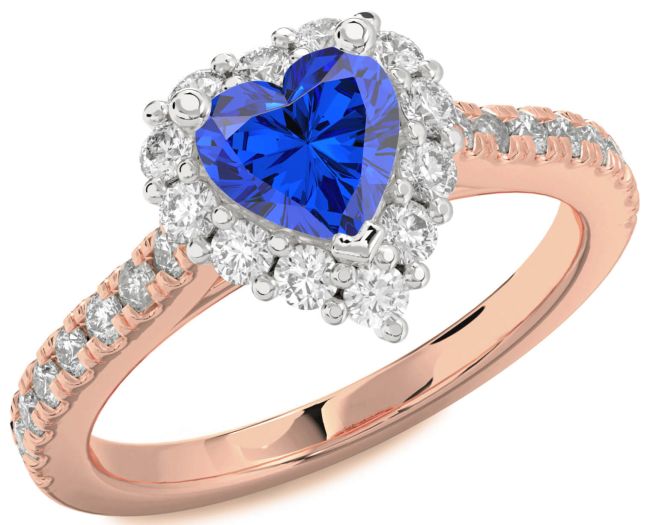 Diamond Blue Sapphire Rose Gold Silver Heart Halo Pave Engagement Ring