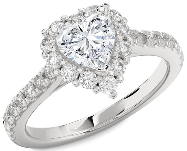 Diamond Silver Heart Halo Pave Engagement Ring