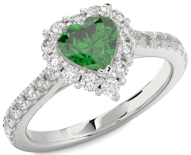 Diamond Emerald White Gold Heart Halo Pave Engagement Ring