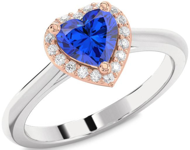 Diamond Blue Sapphire Rose Gold Silver Heart Halo Engagement Ring