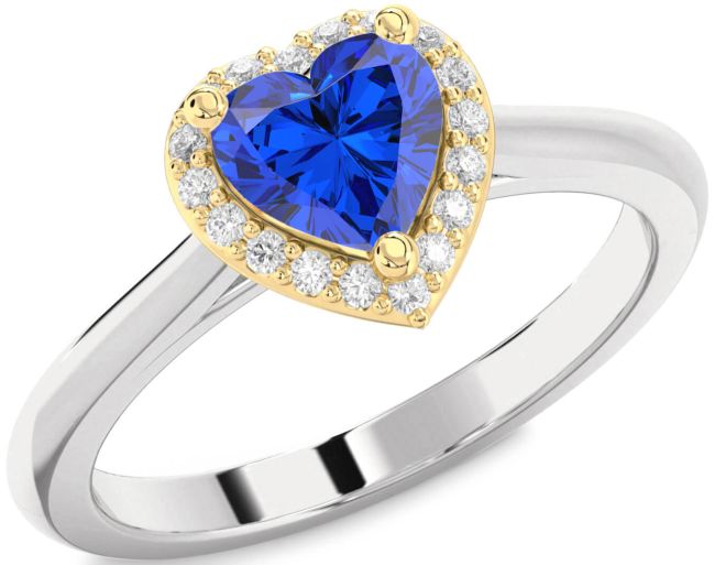 Diamond Blue Sapphire Gold Silver Heart Halo Engagement Ring