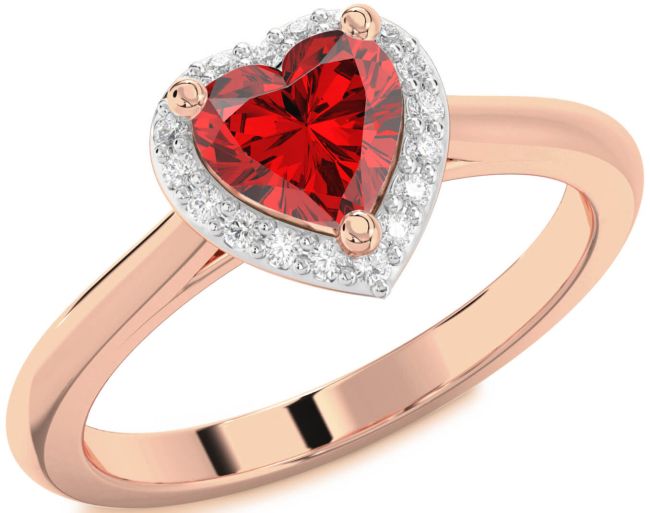 Diamond Ruby Rose Gold Silver Heart Halo Engagement Ring