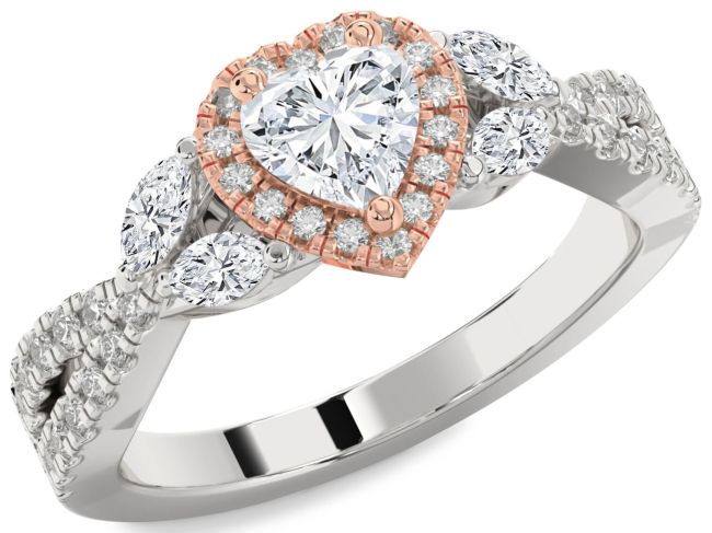 Diamond Rose Gold Silver Heart Halo Engagement Ring