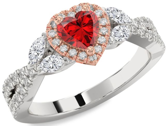 Diamond Ruby White Rose Gold Heart Halo Engagement Ring