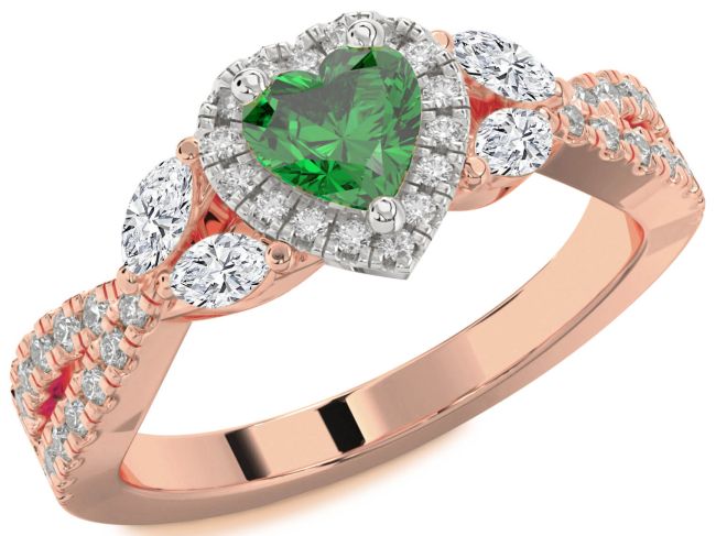 Diamond Emerald Rose Gold Silver Heart Halo Engagement Ring