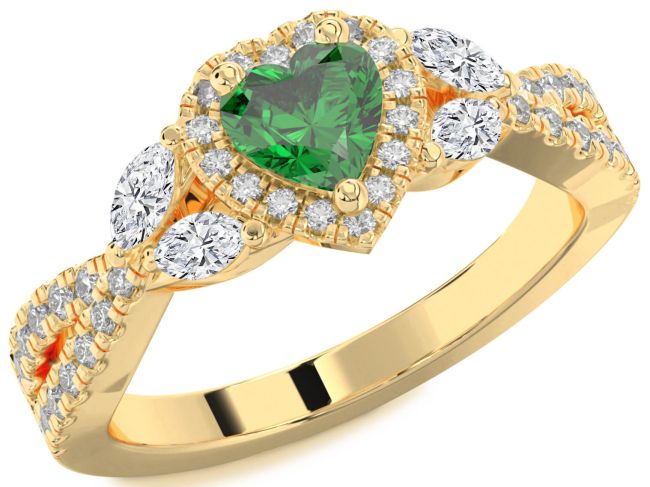 Diamond Emerald Gold Silver Heart Halo Engagement Ring