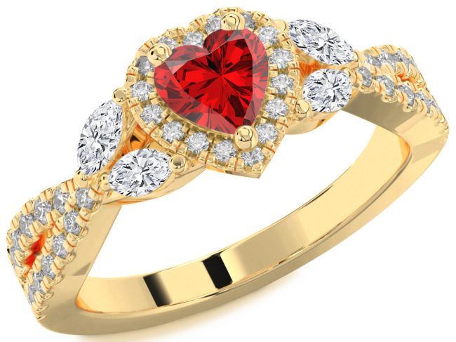 Diamond Ruby Gold Silver Heart Halo Engagement Ring
