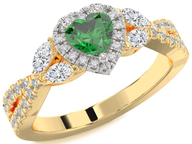 Diamond Emerald Gold Silver Heart Halo Engagement Ring