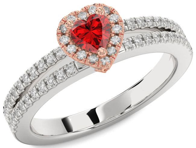 Diamond Ruby Rose Gold Silver Heart Pave Promise Ring